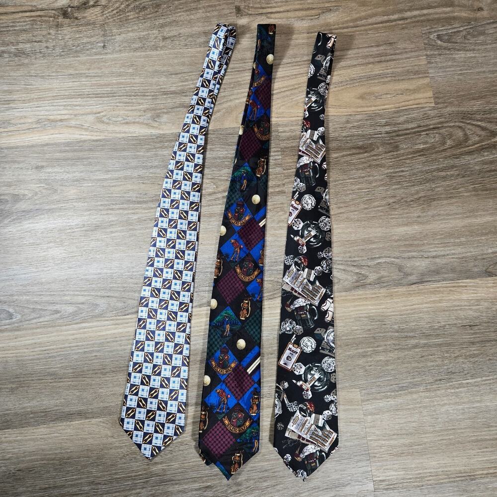 Vintage Novelty Neckties Lot 3 Mens Silk Golf Money Gambling Cigar Chain Link 90